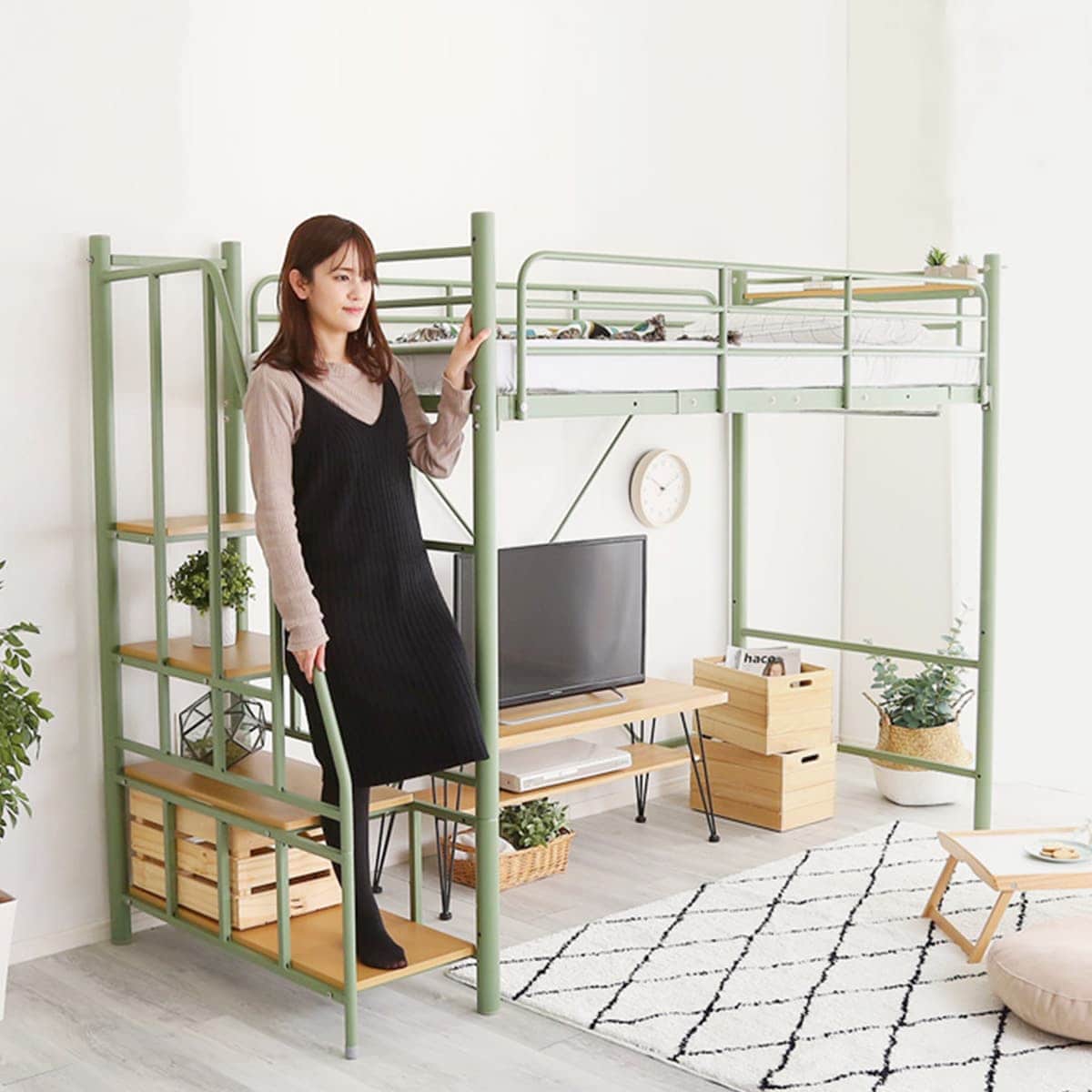 楽天市場】幅255cm 高さ2段階式階段付きロフトベッド (GR) ニトリ