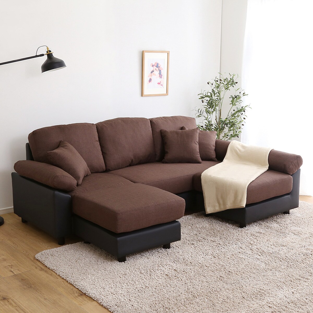 楽天市場】[幅197cm] PVC×布張り5人掛けコーナーカウチソファ (BR/BK