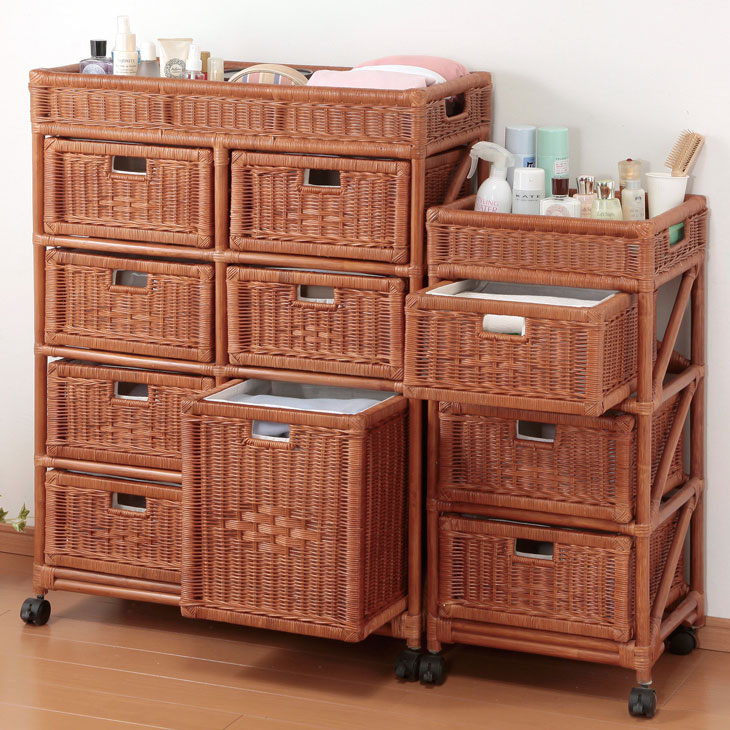 送料込】籐 ラタンチェスト 4段 5引出し&4段10引出しの2個セット 送料