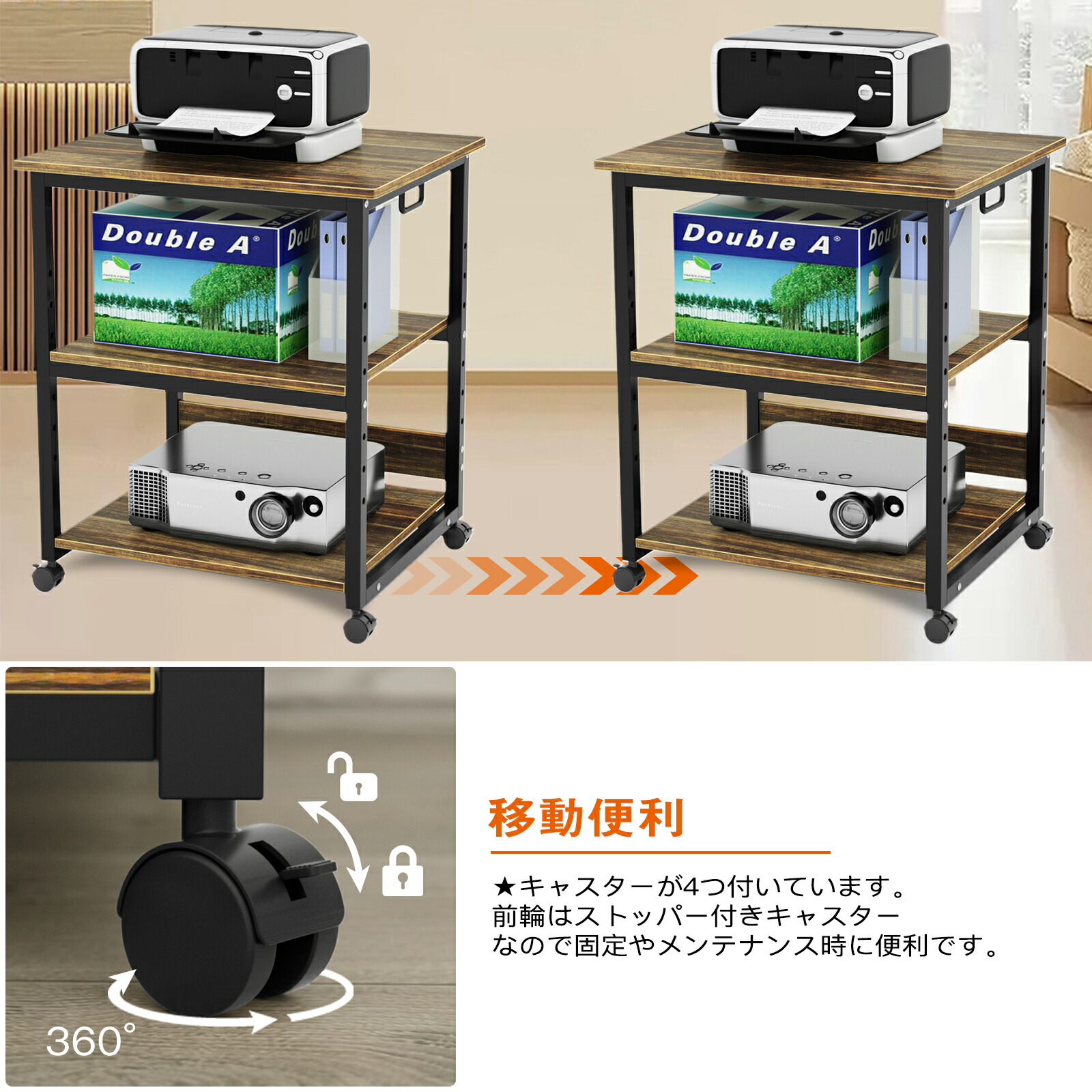 楽天市場】プリンタラック キャスター付き 3段 木製 プリンターワゴン