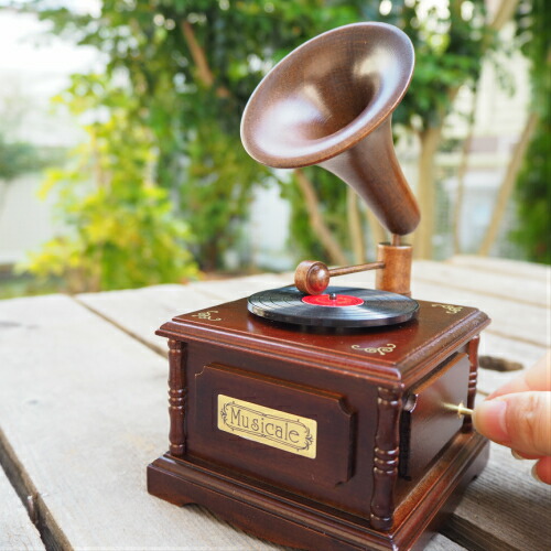 楽天市場】【木製ミニアンティークオルゴール 蓄音機】 オルゴール