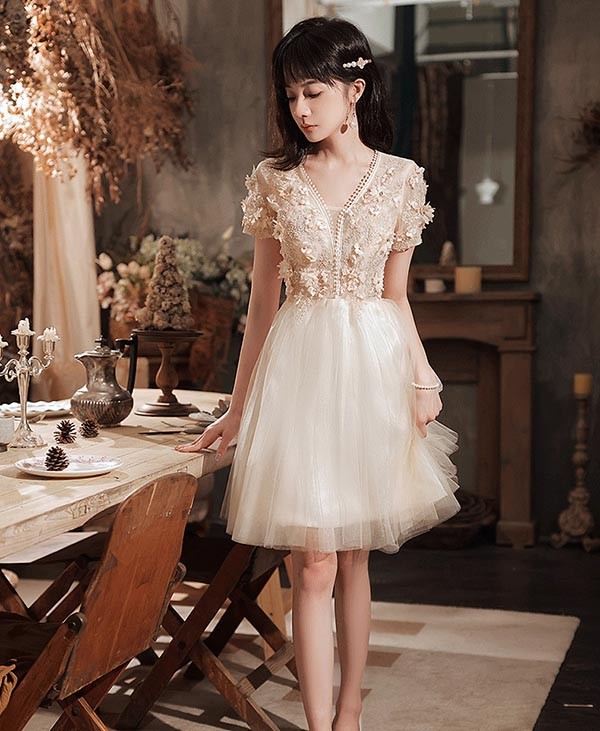 楽天市場】ショートドレス ドレス 大人 ピアノ 発表会 袖付き 可愛い V