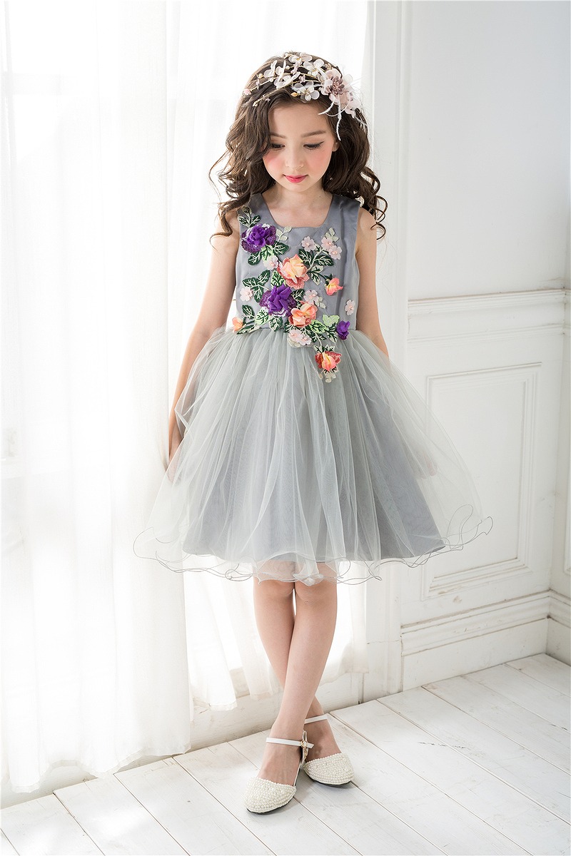グレー フラワー フレアドレス 子供用ドレス 女の子ドレス 発表会 舞台