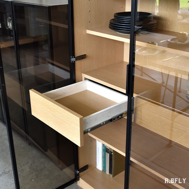 送料込み】本棚ガラス扉付き内部スライド棚棚高さ可変式