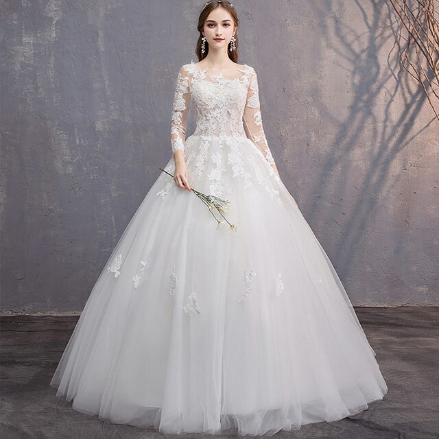 楽天市場】ウェディングドレス 袖あり 長袖 ホワイトドレス Aライン