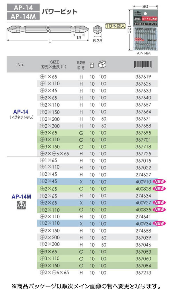 楽天市場】ANEX 強力型パワービット 両頭 10本組 +2X65mm マグネット