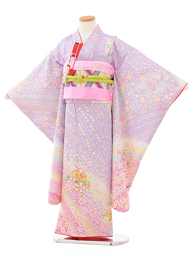 フルセット 七五三7歳女の子ピンク地 桜扇蝶 オレンジ袋帯 絹長襦袢