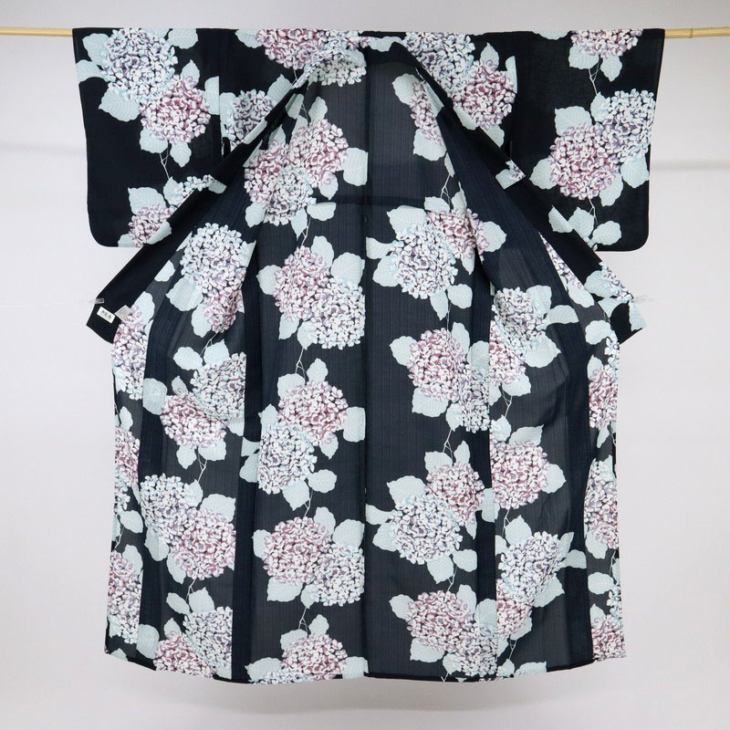 楽天市場】【中古】洗える夏着物 小紋『撫松庵』紫陽花模様 黒紺色