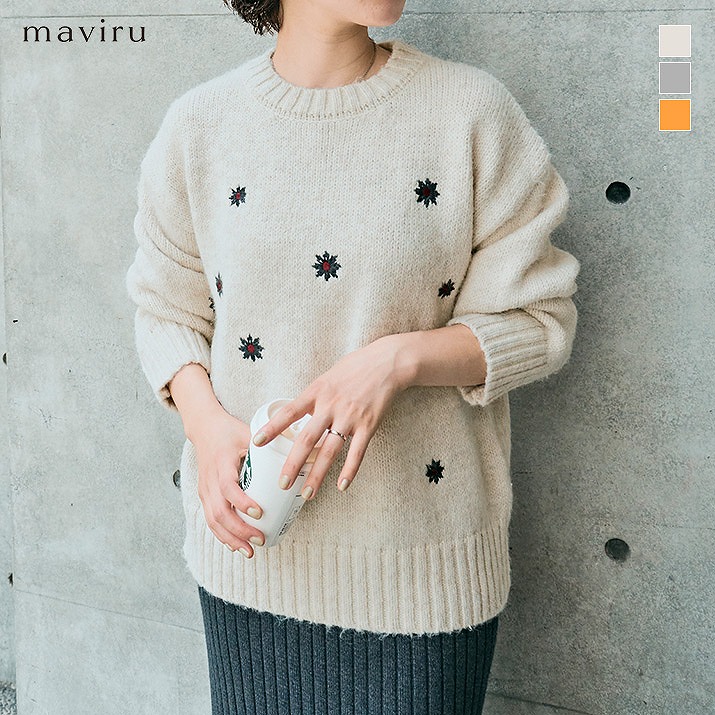 楽天市場】ニット《フラワー刺繍クルーネックニットプルオーバー 全4色