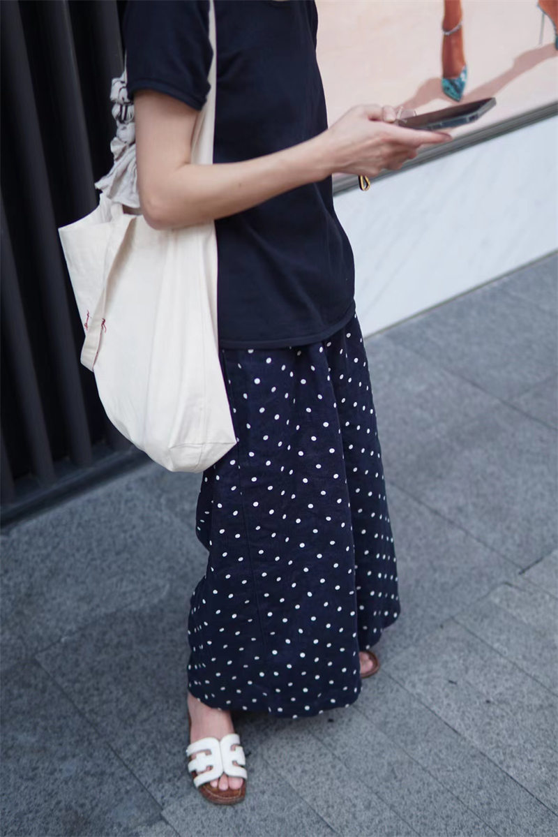 楽天市場】ワイドパンツ パンツ 綿麻風 レディース 夏 ドット柄