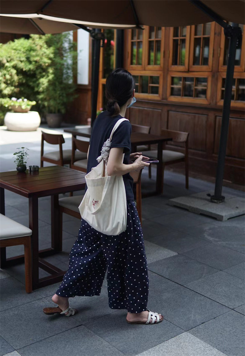 楽天市場】ワイドパンツ パンツ 綿麻風 レディース 夏 ドット柄