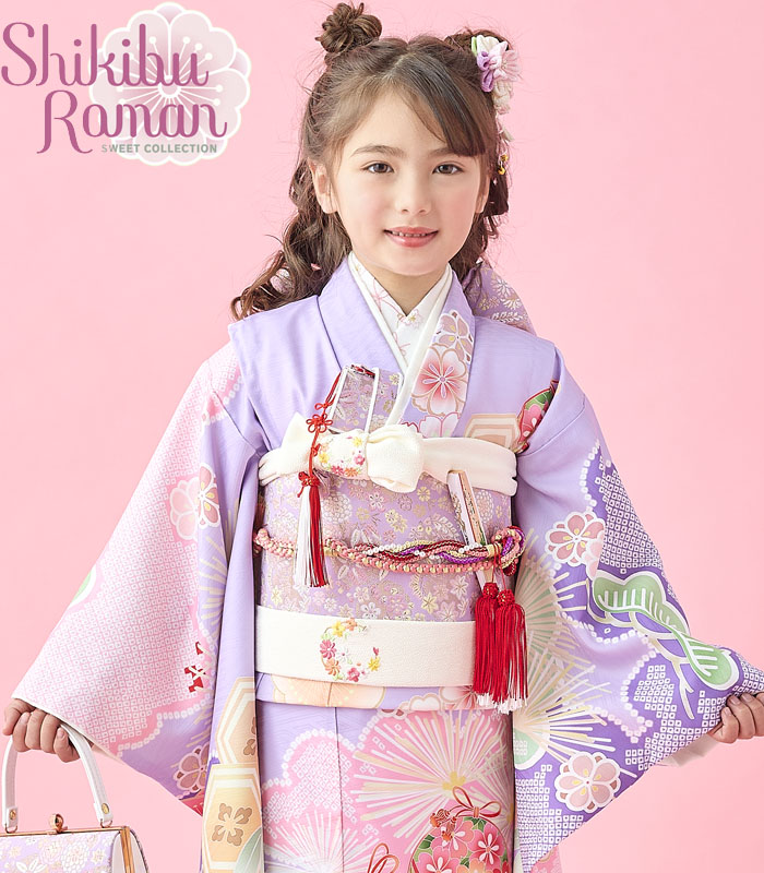 504ag79◎七五三 七歳 女児 着物&袋帯&長襦袢 鳳凰扇梅 金彩 刺繍