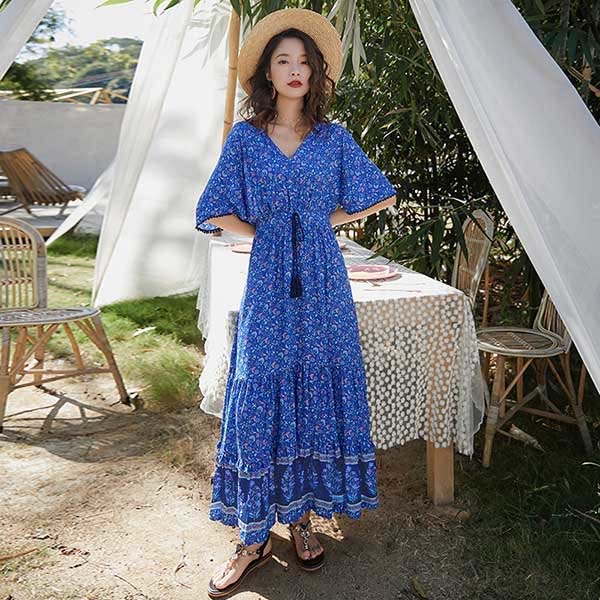 ハワイアン 珊瑚柄 海辺 ワンピース 青 ハワイアン 珊瑚柄 海辺