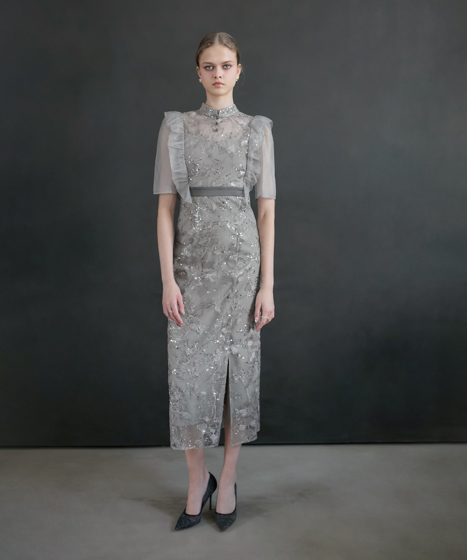 Leja｜Leja-フラワースパンコールシアーフリルIラインワンピースドレス