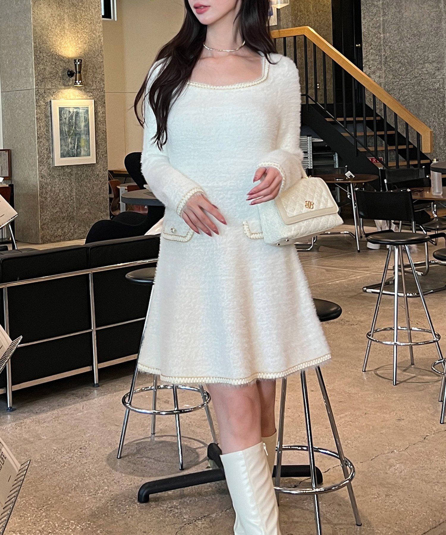 ROYAL PARTY｜トリミングブレードシャギーニットミニフレアワンピース