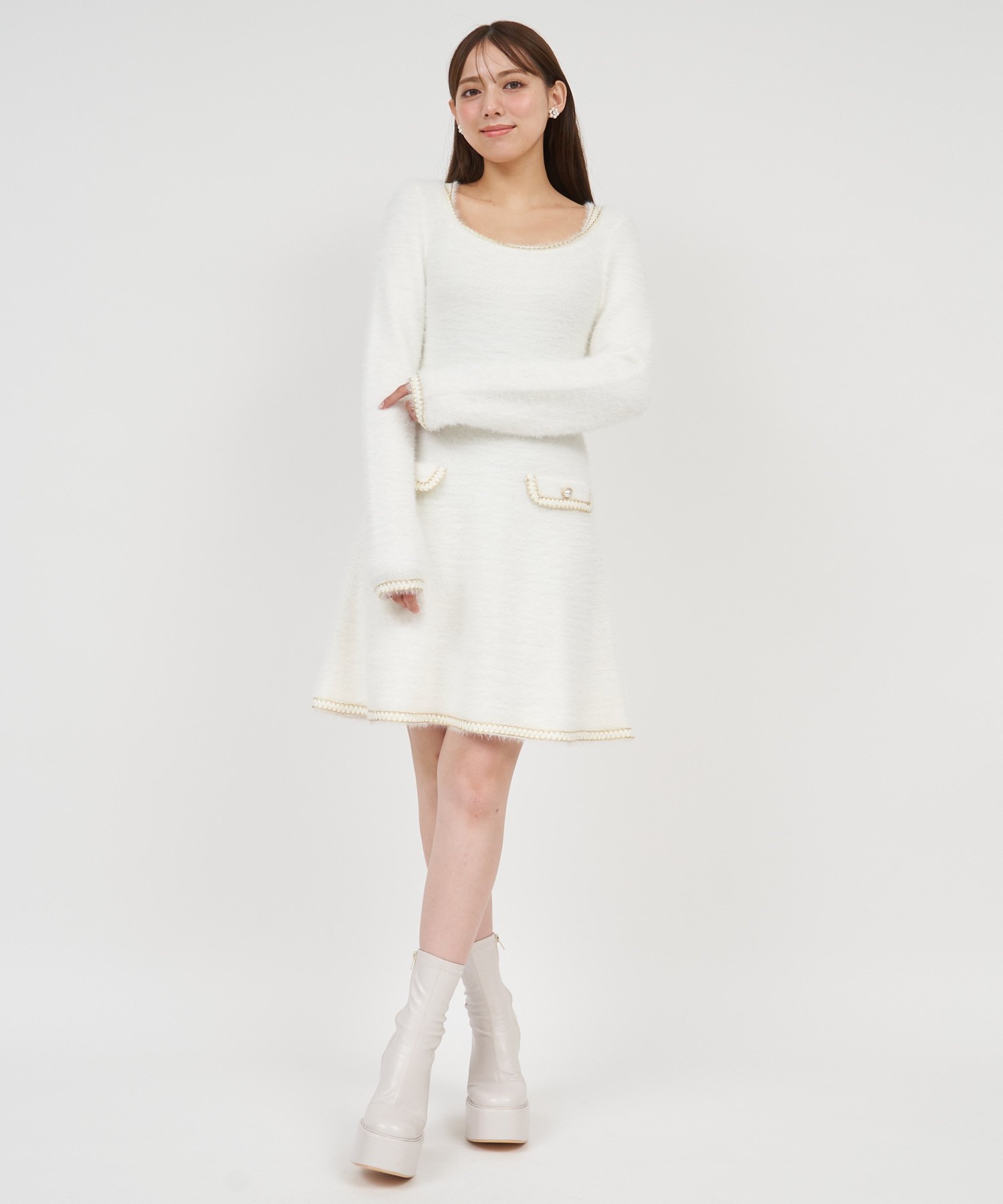 ROYAL PARTY｜トリミングブレードシャギーニットミニフレアワンピース