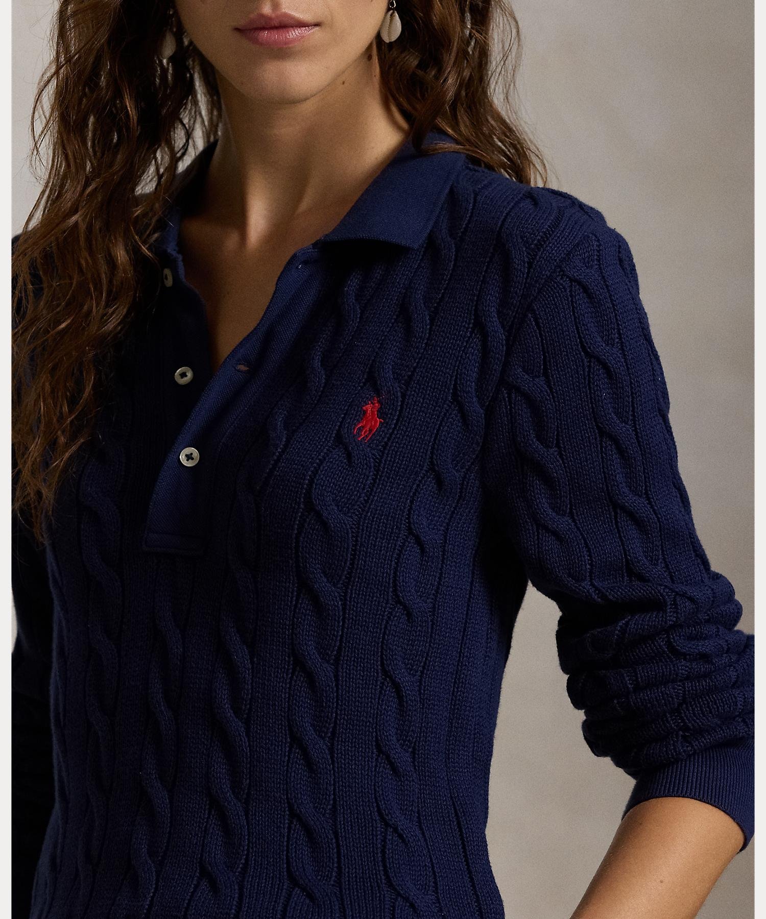 RALPH LAUREN｜ケーブルニット コットン ロングスリーブ ポロシャツ