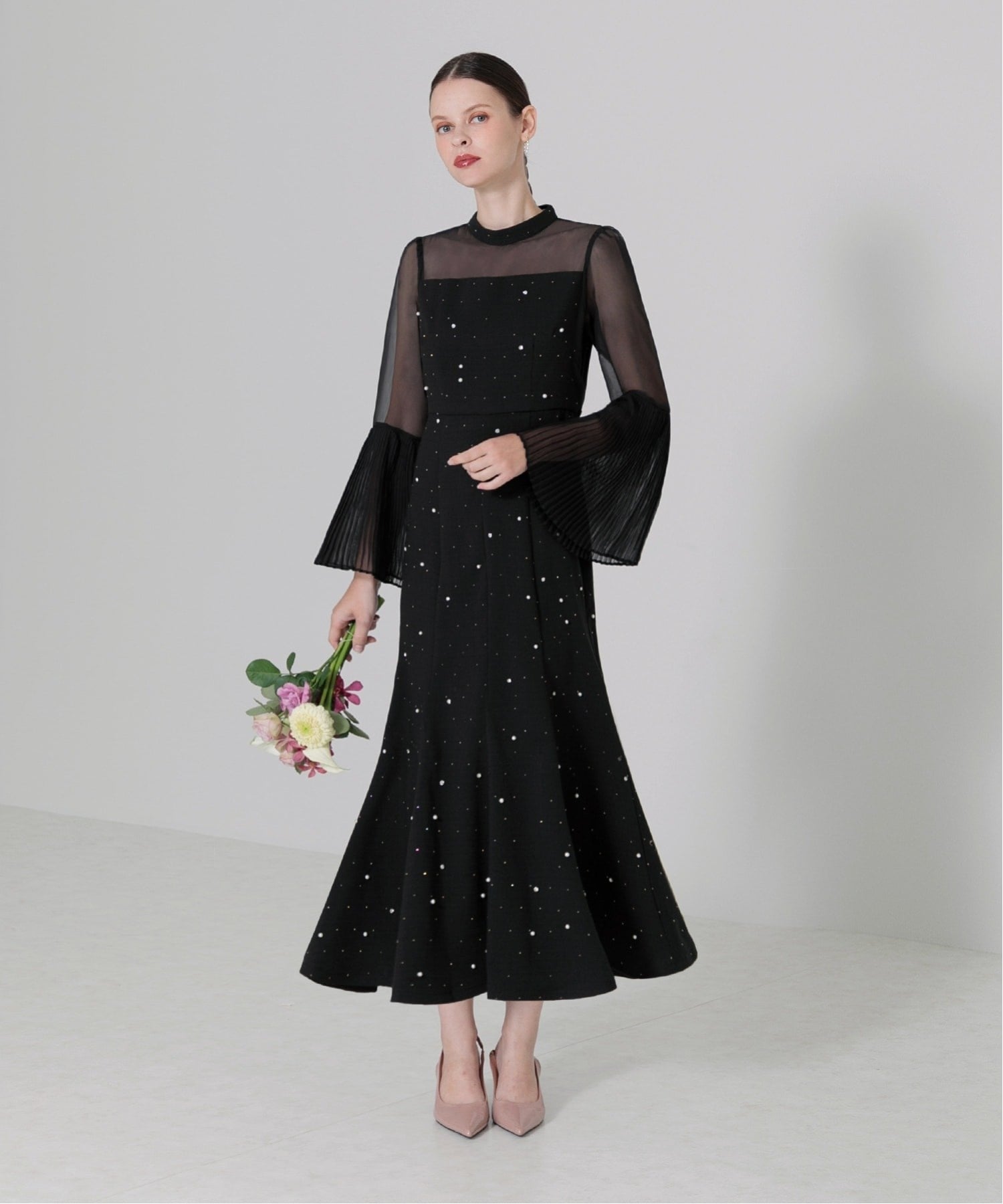 Leja｜LEJA/パールビジュープリーツフレアスリーブマーメイド