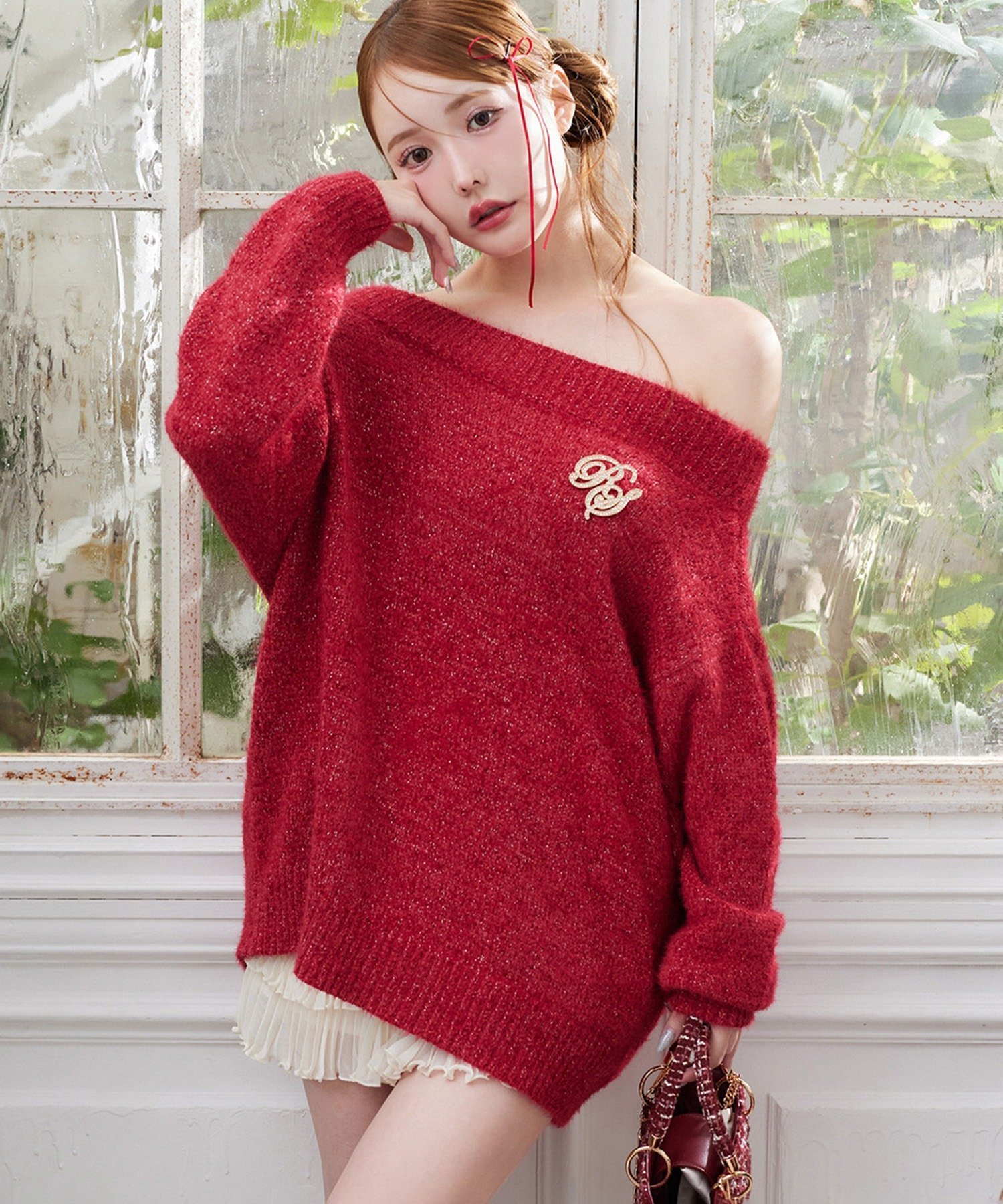 one after another NICE CLAUP｜ブローチ付きベロアモールミニニット