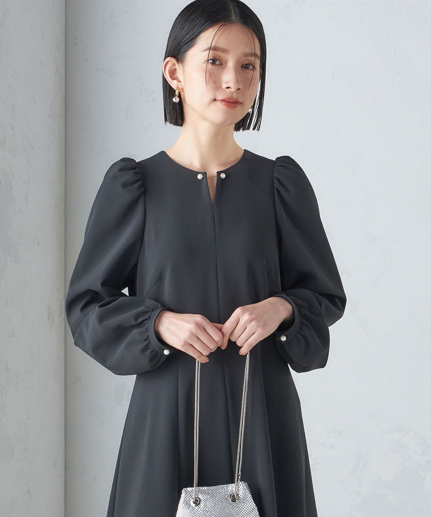 パネルフレアガーリーワンピース black Sサイズ フロリア Flolia 【喪服・礼服】レース切替えフレアスリーブIライン