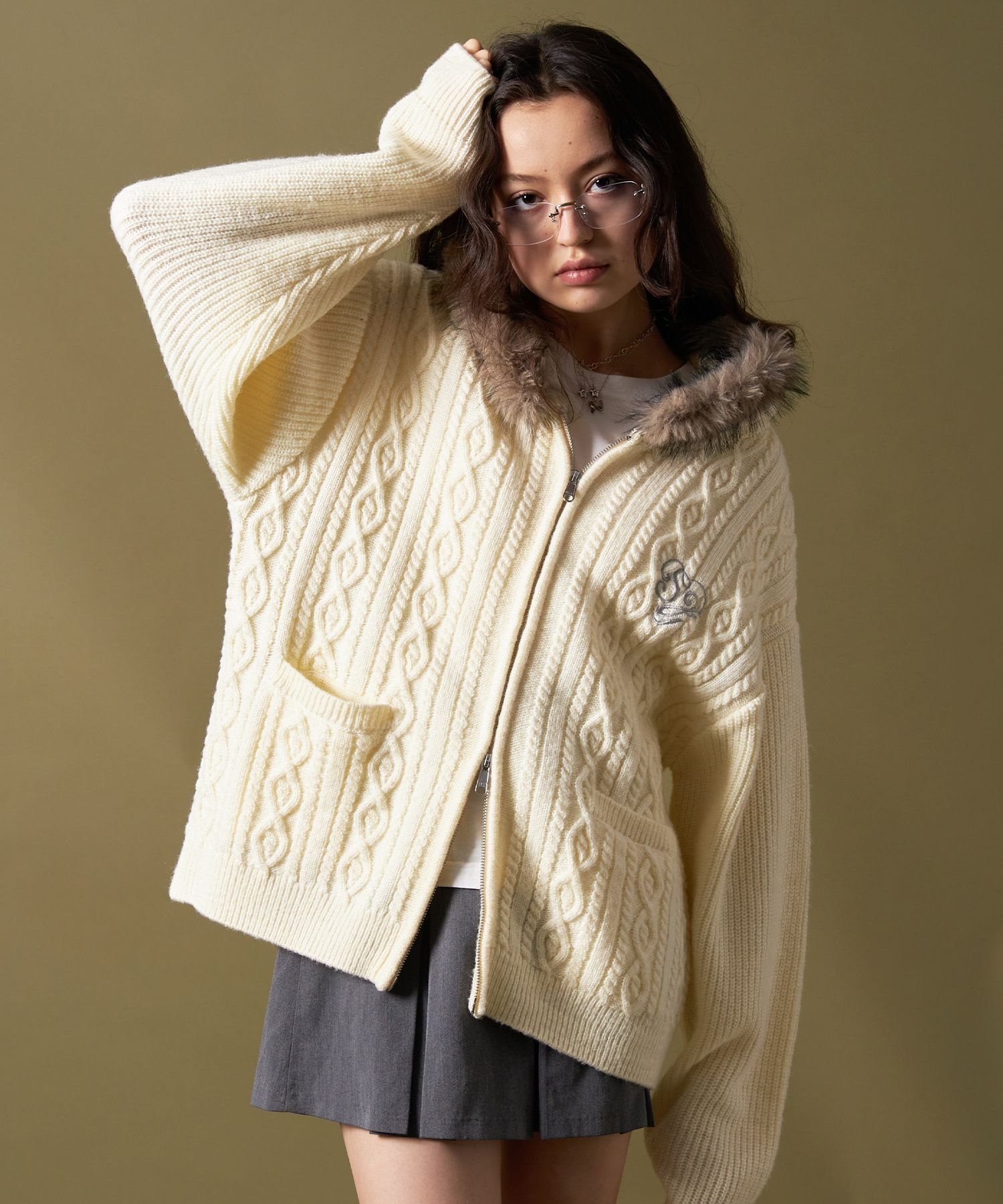 NAVAL｜【SEQUENZ(シークエンズ)】FUR CABLE KNIT ZIP-UP HOODIE