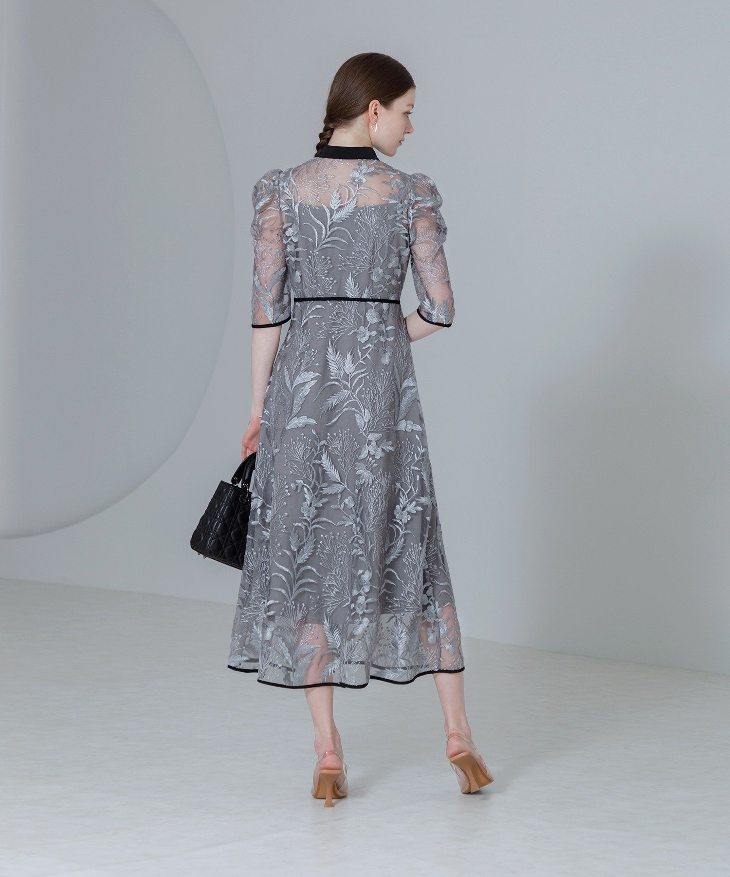 Leja｜LEJA-花柄刺繍レースチュールパフスリーブAラインワンピース