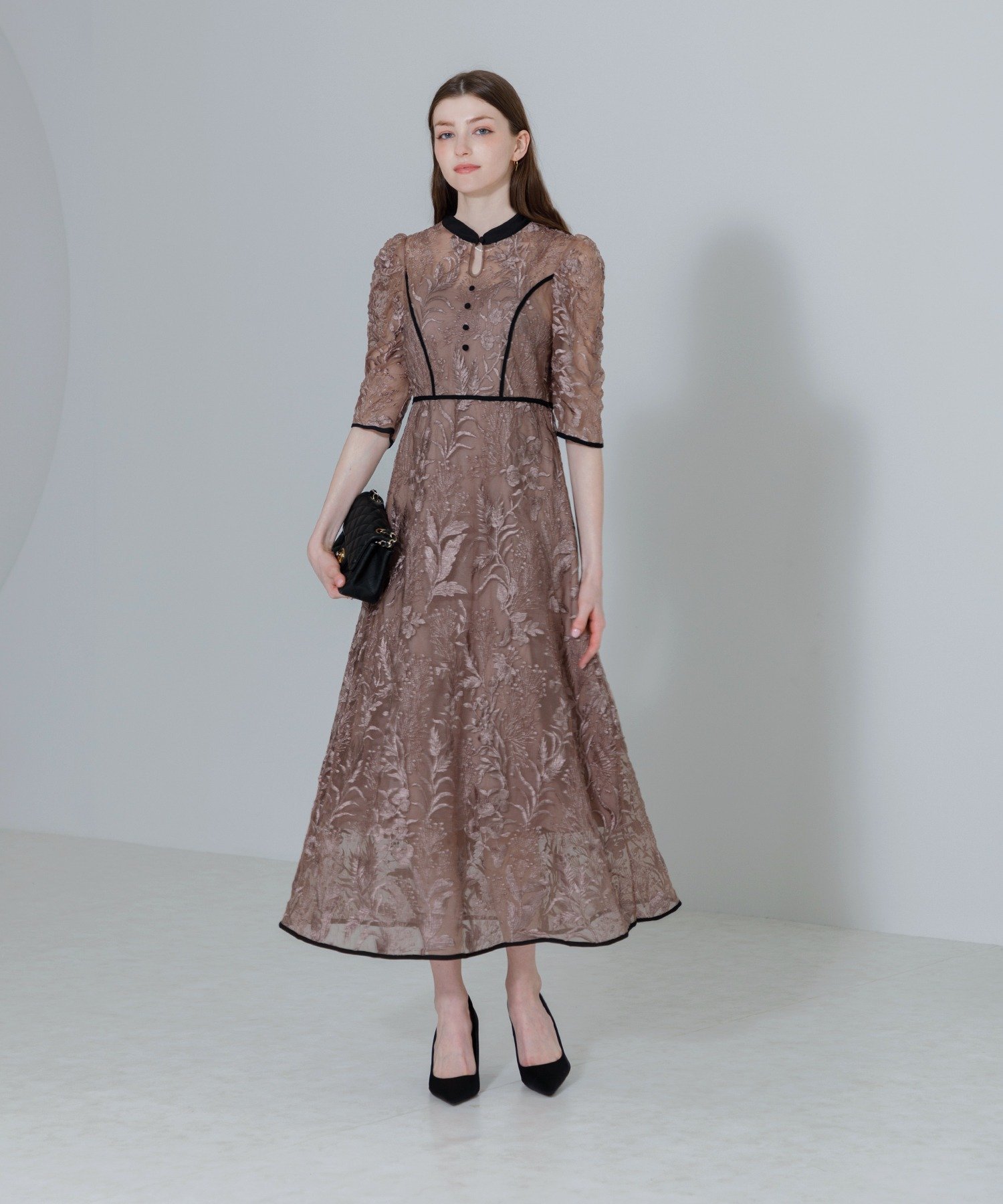 Leja｜LEJA-花柄刺繍レースチュールパフスリーブAラインワンピース