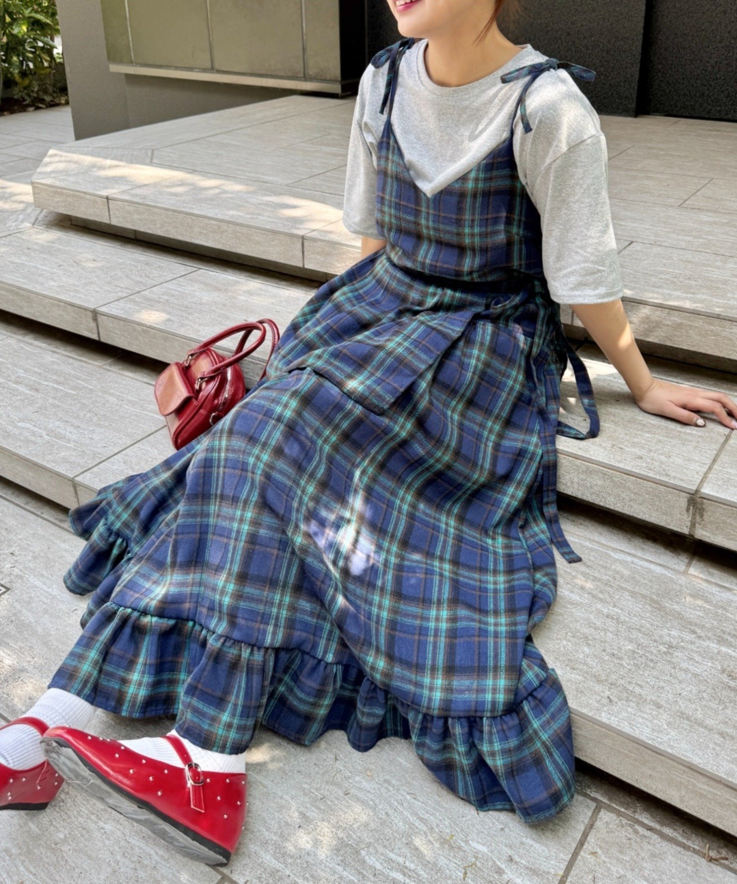 00s TRALALA系 当時物 ビッグリボン ラメチェックフリルキャミワンピ