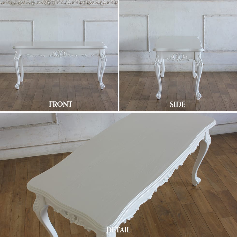 ホワイト 姫系家具 猫足 ロココ調ガラスローテーブル 横幅75cm