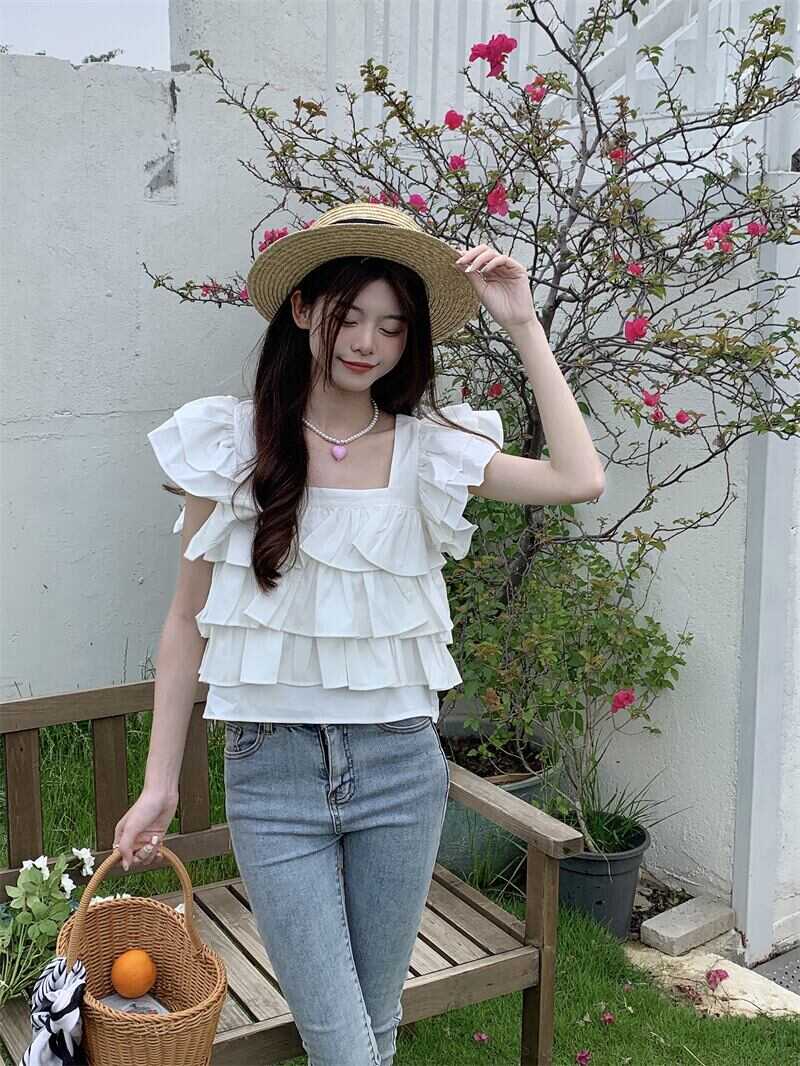 マークアンドロナ モックネック ノースリーブ フリル ホワイト