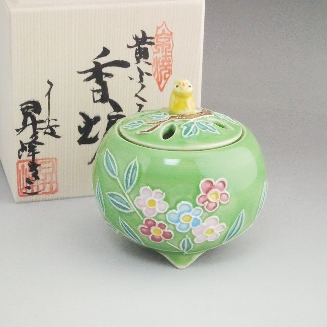 絶品！清水焼香炉☆手描きオーダー発注品◇水色地×ダリア 絶品！清水焼香炉