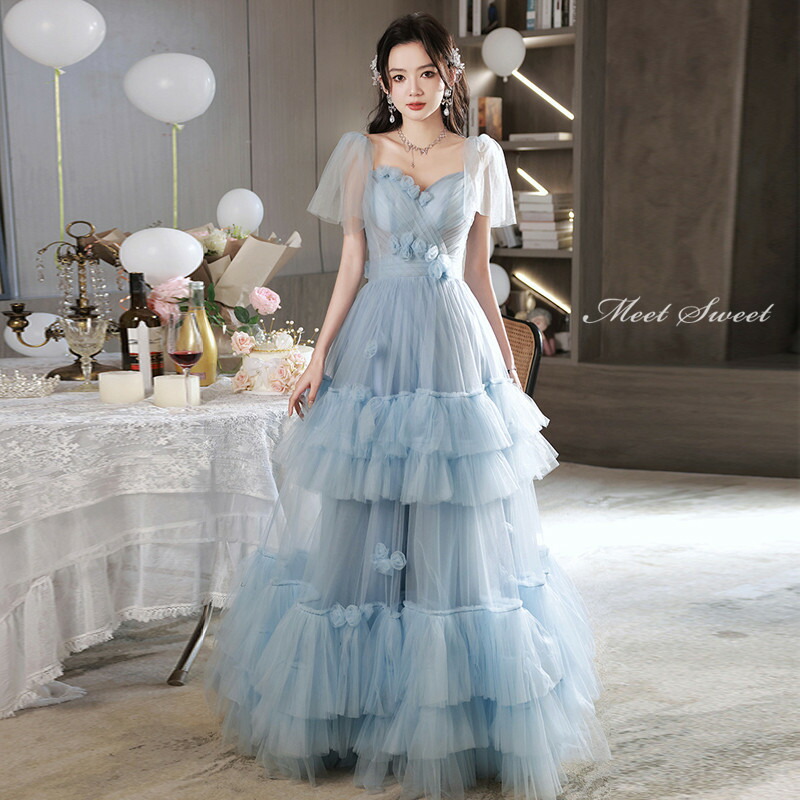 楽天市場】カラードレス ウェディングドレス ライトブルー フリル 半袖