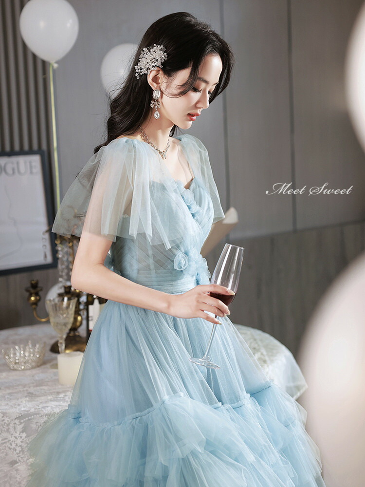 楽天市場】カラードレス ウェディングドレス ライトブルー フリル 半袖