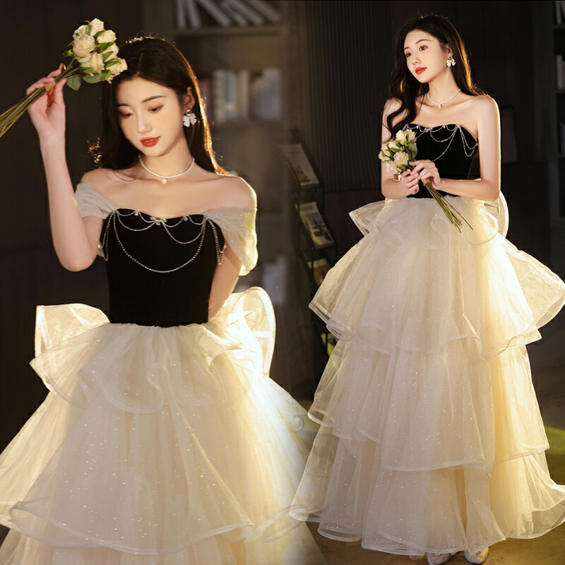 楽天市場】カラードレス 編み上げ オフショルダー シャンパン