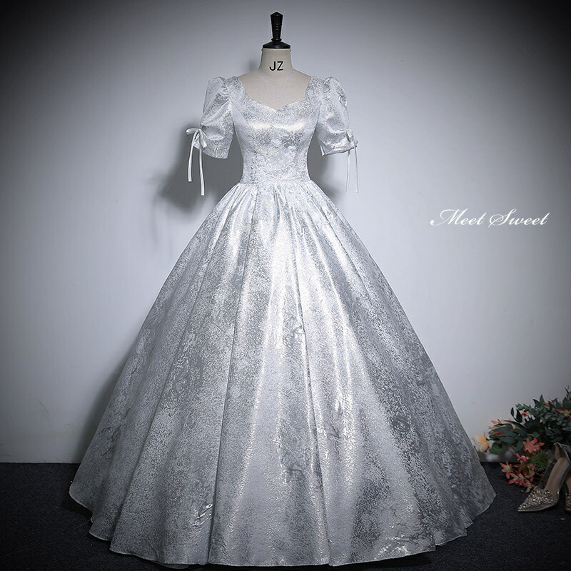 楽天市場】カラードレス プリンセスライン ロングドレス シルバー 半袖