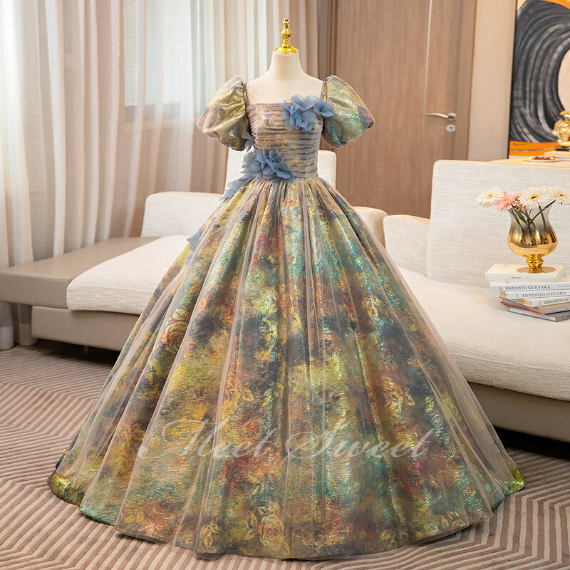 楽天市場】カラードレス Aラインドレス 花柄 パフスリーブ ロング