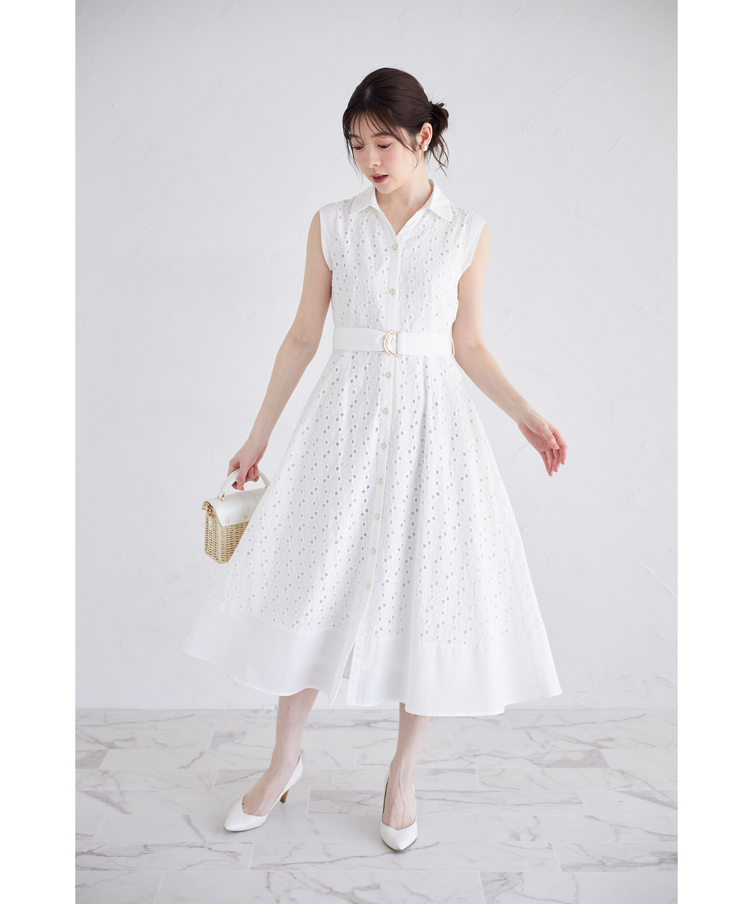 楽天市場】ベルト付き花釦フラワーコットンレースシャツワンピース