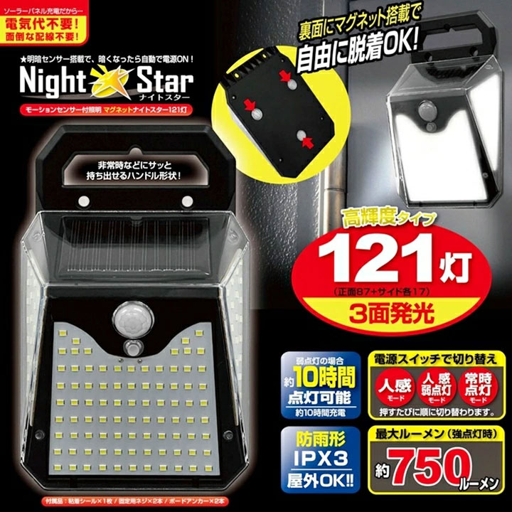 楽天市場】マグネット ソーラーライト センサーライト ナイトスター