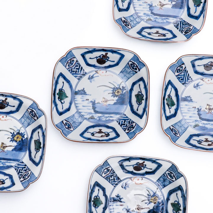 九谷 山本長左作 染付 鳳凰文和皿 4客入 禾使用、共箱、陶歷付 九谷