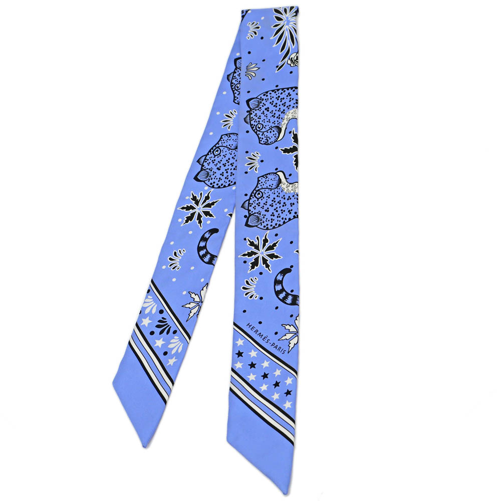 美品 エルメス ツイリー レオパード バンダナ柄 ネイビー スカーフ