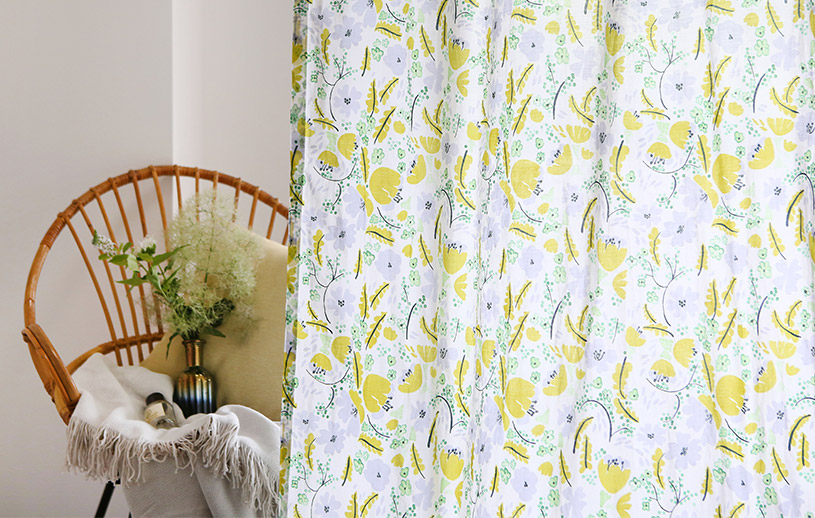 新品】花柄水彩パステルイエローカーテン 2枚セット 200✕200CM 新品