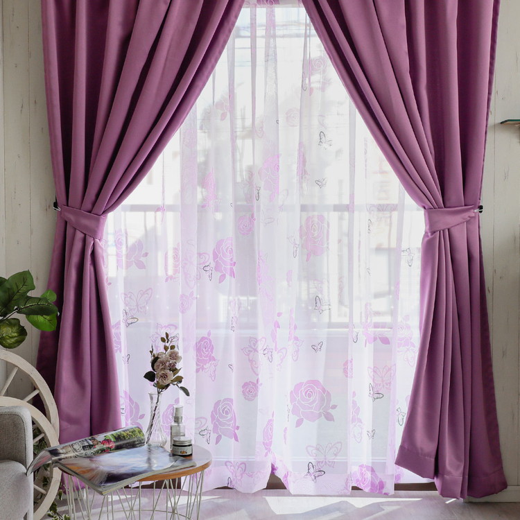 楽天市場】カーテン レース付き 4枚セット パープル 紫 花柄 可愛い