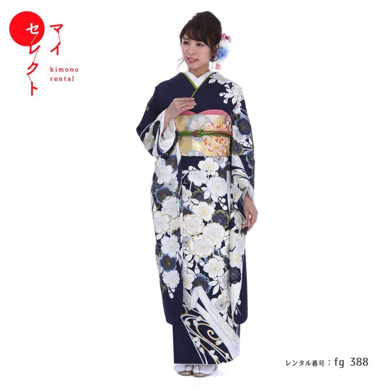 楽天市場】振袖 レンタル fg_388b 白紺桜舞 フルセット レンタル着物
