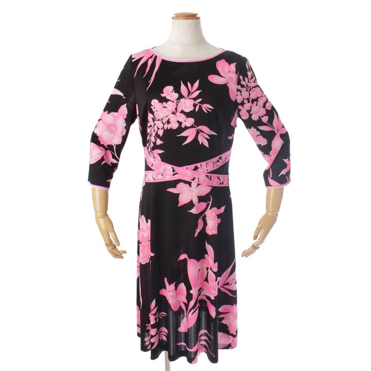 K532 美品 L レオナール カンカン素材 花柄 ひざ丈ワンピース