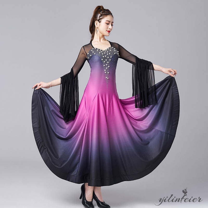 楽天市場】社交ダンスドレス ビーズ飾り 飄逸袖 大きい裾 モダンダンス