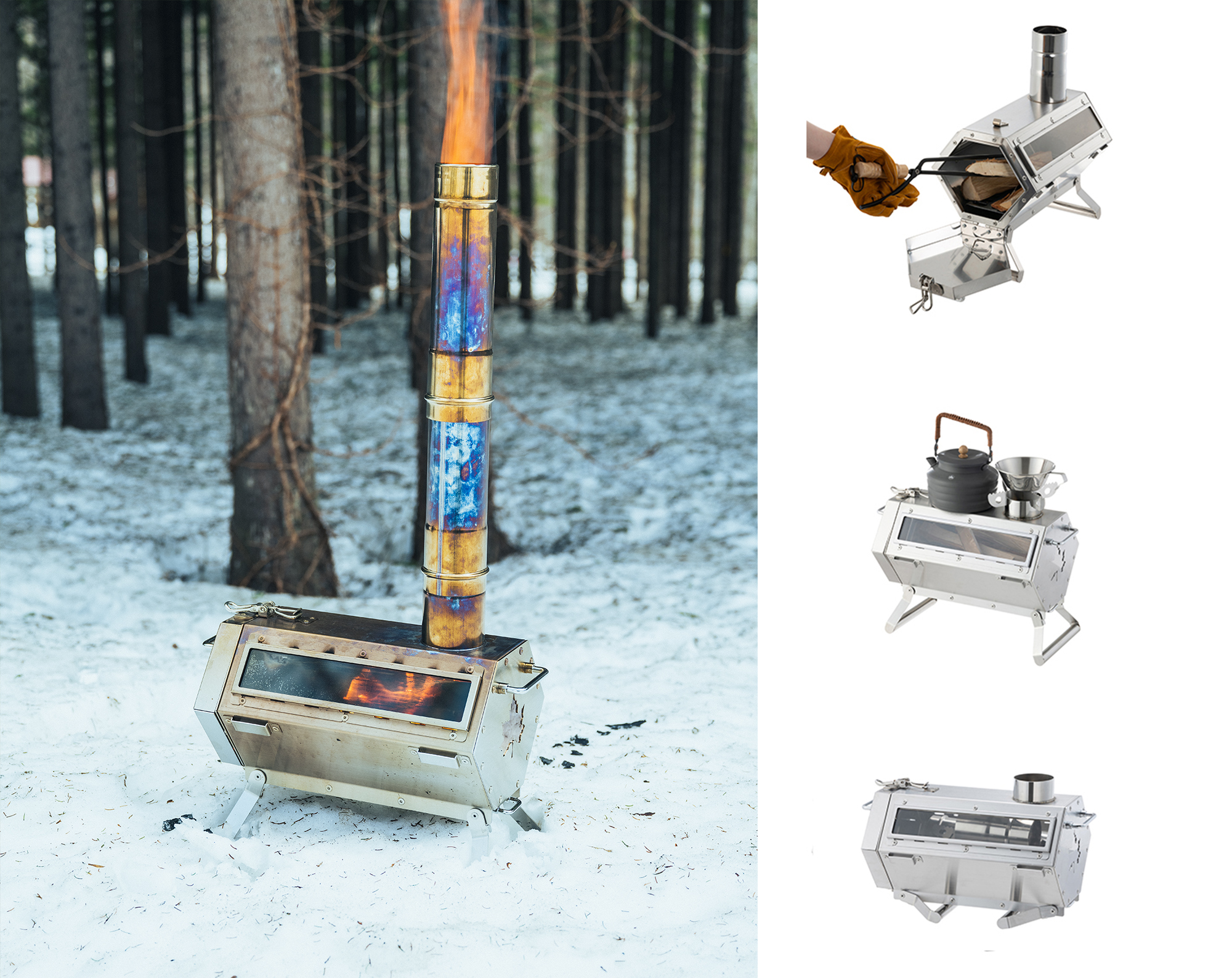 ロゴス、「六角薪だんろストーブ」。煙突にゴトクを乗せて簡単調理も