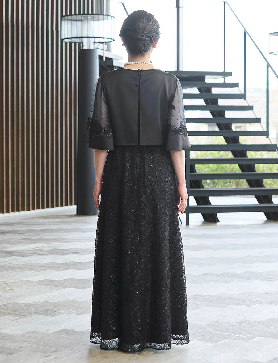 結婚式 母親ドレス 黒・マザーズドレス レース ケープ付き MD0406-BK