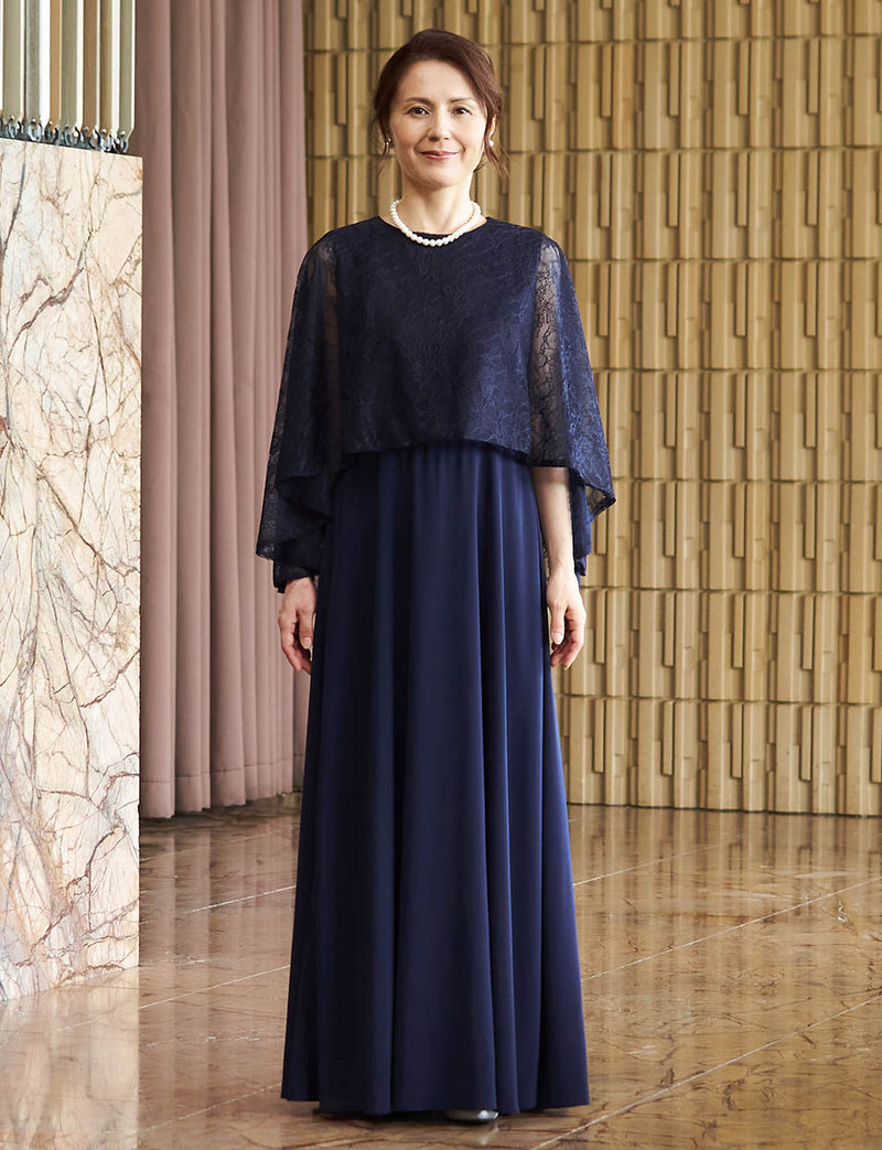 結婚式 母親ドレス ダークネイビー・マザーズドレス レース ケープ付き