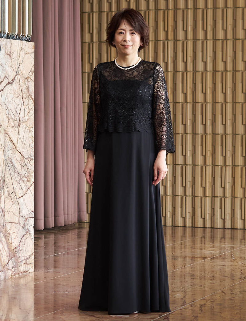 結婚式 母親ドレス 黒レース・マザーズドレス 長袖 MD0408-BK|新郎新婦
