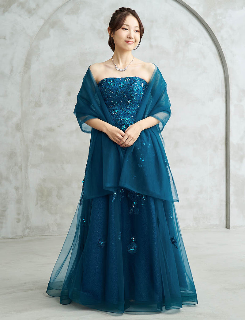 ブルーグリーン ロングドレス ベアトップ ビジュ刺繍 チュール 肩